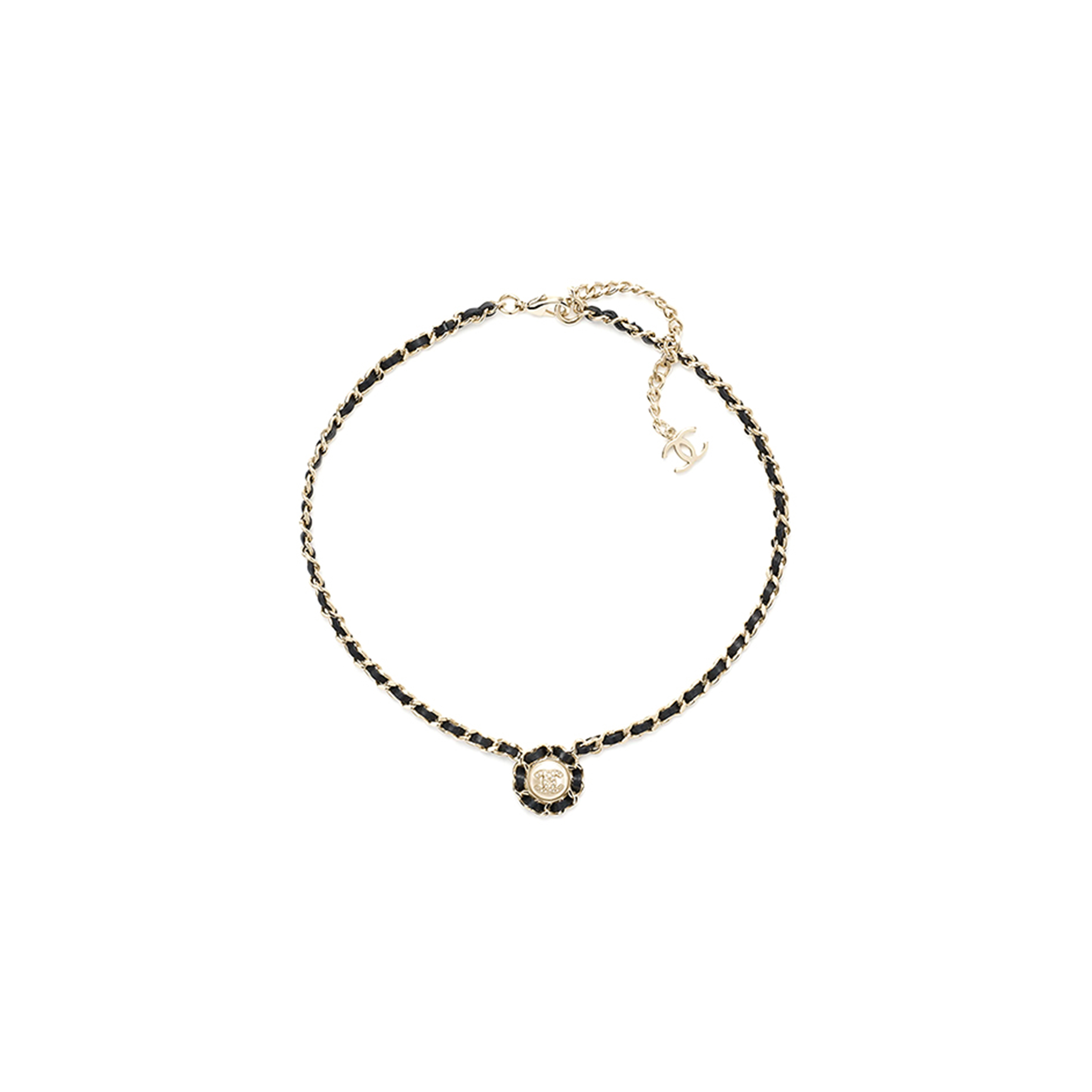 Ch**el necklace metal, lambskin, resin & diamantÉ gold, black, pearly white & crystal abg560